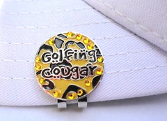 Golfing Cougar with Crystals Ball Marker hat brim pic
