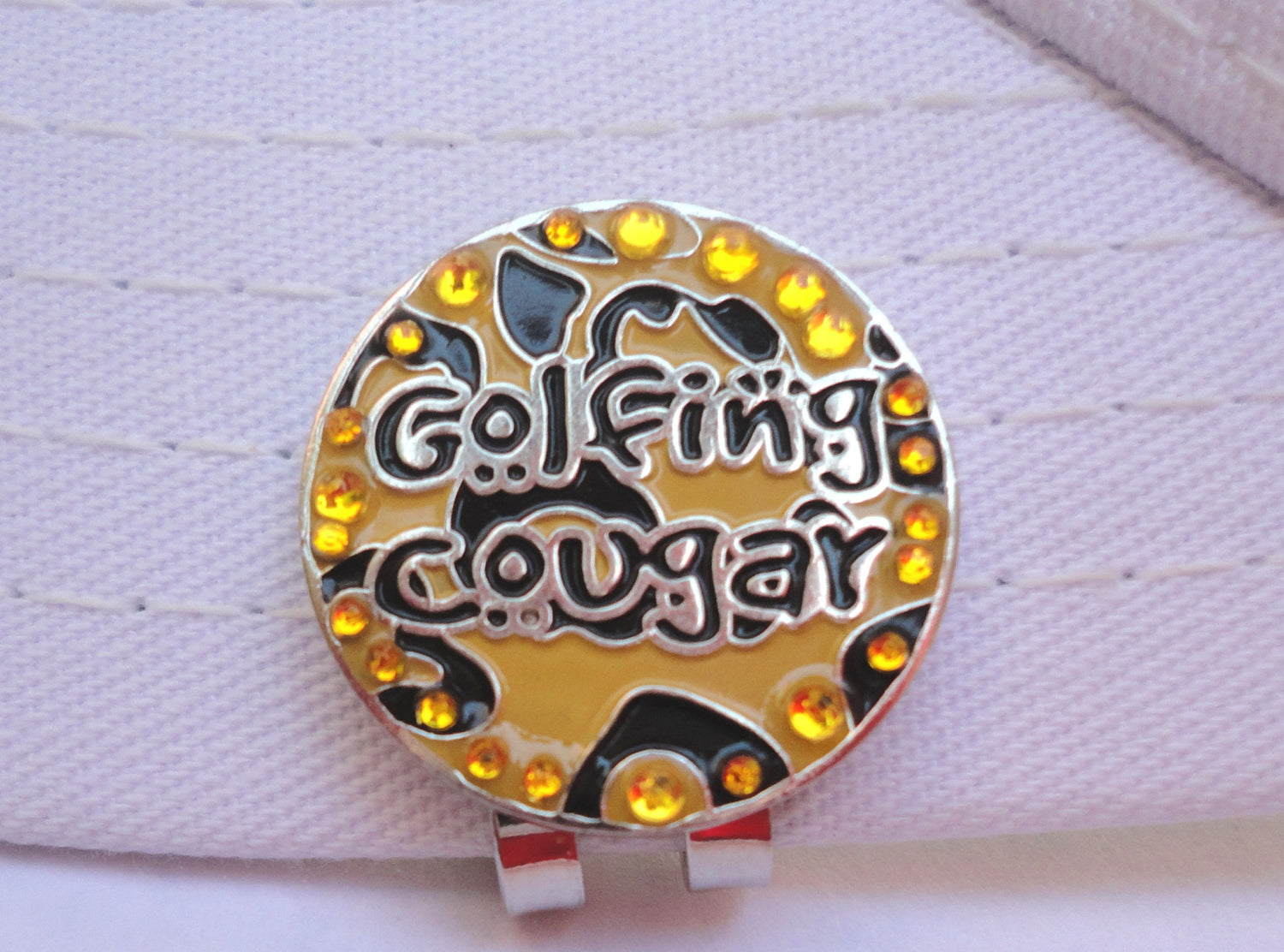 Golfing Cougar with Crystals Ball Marker hat brim pic 2